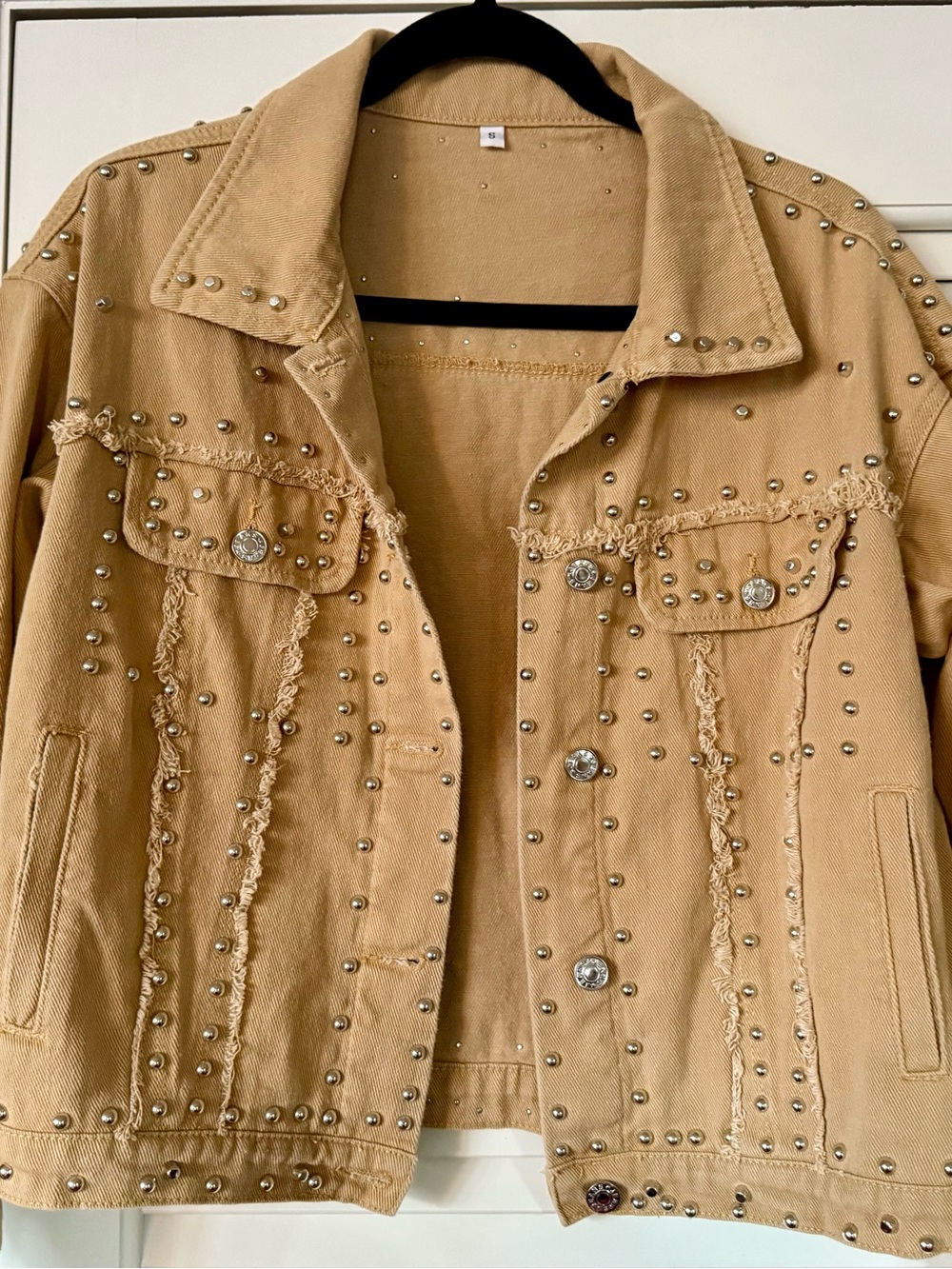 Beige Studded Jean Jacket with Frayed Trim